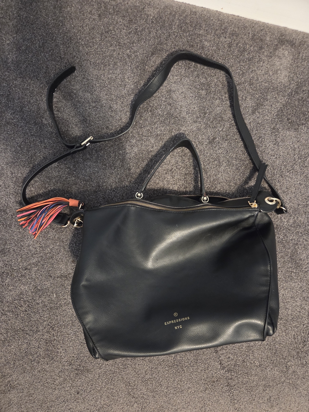 Expressions Black Shoulder Tote with Multicolor Tassel Accent